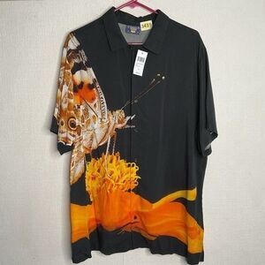 NWT Coney Island Short Sleeve Button Up Men Size XL Black Shirt Butterfly Flower